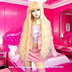 Sissy Princess Extra Long Curly Blonde Cosplay WigWith Bangs Lolita Wig 44 inch